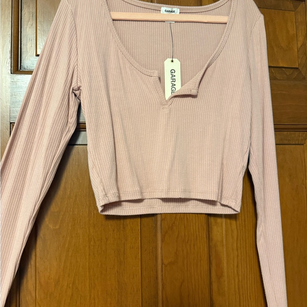 Garage Pink Ribbed Long Sleeve Top